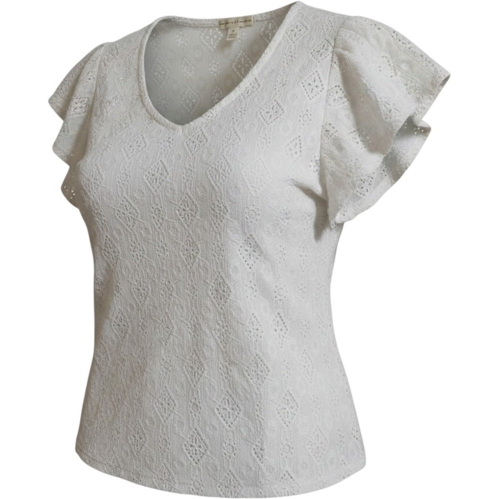 Womens Blouse, Eyelet Flutter Sleeve V-Neck Top Plus Diamond Lace Size 1X